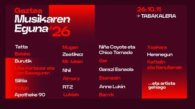 Gaztea Musikaren Eguna 2026 (Tabakalera): Zeatikez, Belako, Tatta, Lukiek, Esanezin, Aimarz, Mr Luken, BARRRK, Burutik...