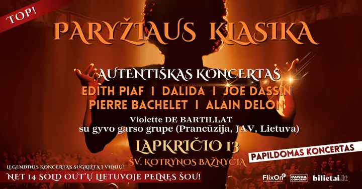 PAPILDOMAS KONCERTAS | Paryžiaus Klasika: EDITH PIAF, DALIDA, JOE DASSIN, PIERRE BACHELET, ALAIN DELON | atlieka Violette De Bartillat su gyvo garso grupe (Prancūzija, JAV, Lietuva) | Vilnius