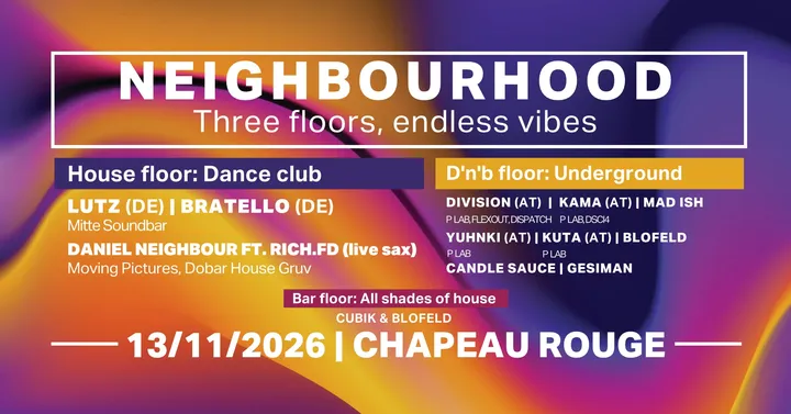 Neighbourhood w/Lutz (DE) & Division (AT) - three floors: house, deep & tech house, dnb