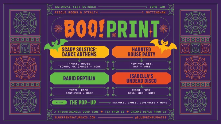 BOO!PRINT: Halloween 🎃 Five Stages 🦇 Two Clubs 🦇 One Party