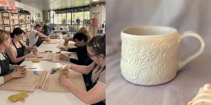 Hand-Built Pottery – Gold Coast | Embossed Slab Mug with Stamped Design