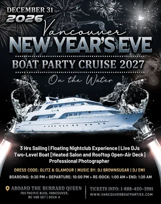 Vancouver New Year’s Eve Boat Party Cruise 2027: On the Water Burrard Queen Vancouver Vancouver Boat Parties