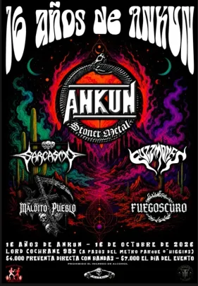 Aniversario numero 16 de ankun, bandas presentes, ANKUN, FUSSMONES, MALDITO PUEBLO, FUEGOSCURO Y SARCASMO