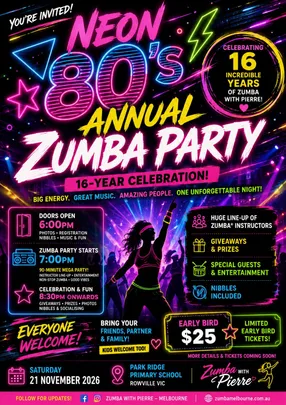 NEON 80s Annual Zumba Party – 16 Year Celebration 🎉