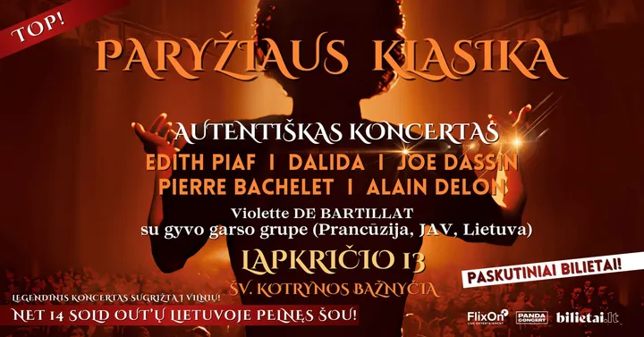 Paryžiaus Klasika: EDITH PIAF, DALIDA, JOE DASSIN, PIERRE BACHELET, ALAIN DELON | atlieka Violette De Bartillat su gyvo garso grupe (Prancūzija, JAV, Lietuva) | Vilnius